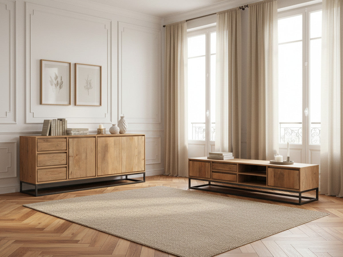 Ensemble BERGERAC avec buffet 190 cm + meuble TV 200 cm bois massif de manguier