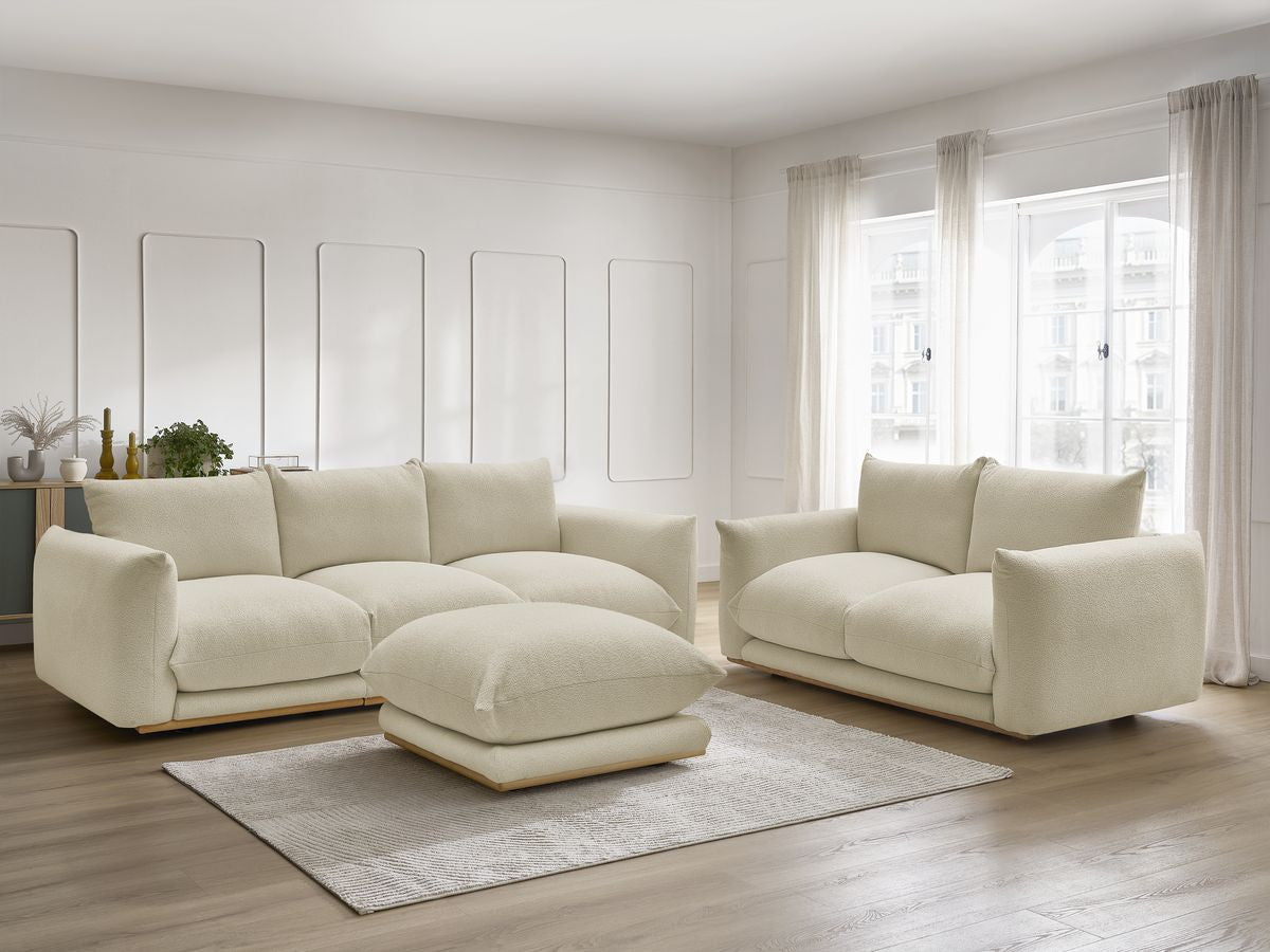 Ensemble canapé droit fixe 3 + 2 places ERNEST tissu bouclette avec pouf