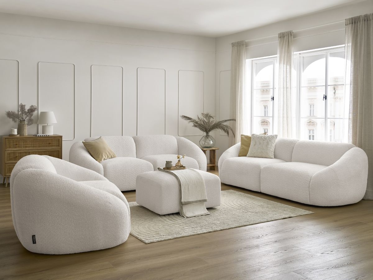 Ensemble canapé droit fixe 3 + 2 places + fauteuil TINA tissu bouclette avec pouf