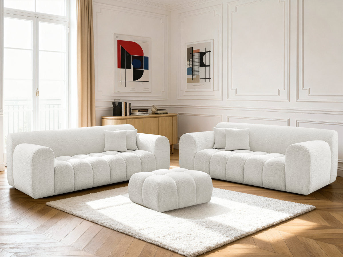 Ensemble canapé droit fixe 3 + 2 places MELISSE tissu texturé avec pouf