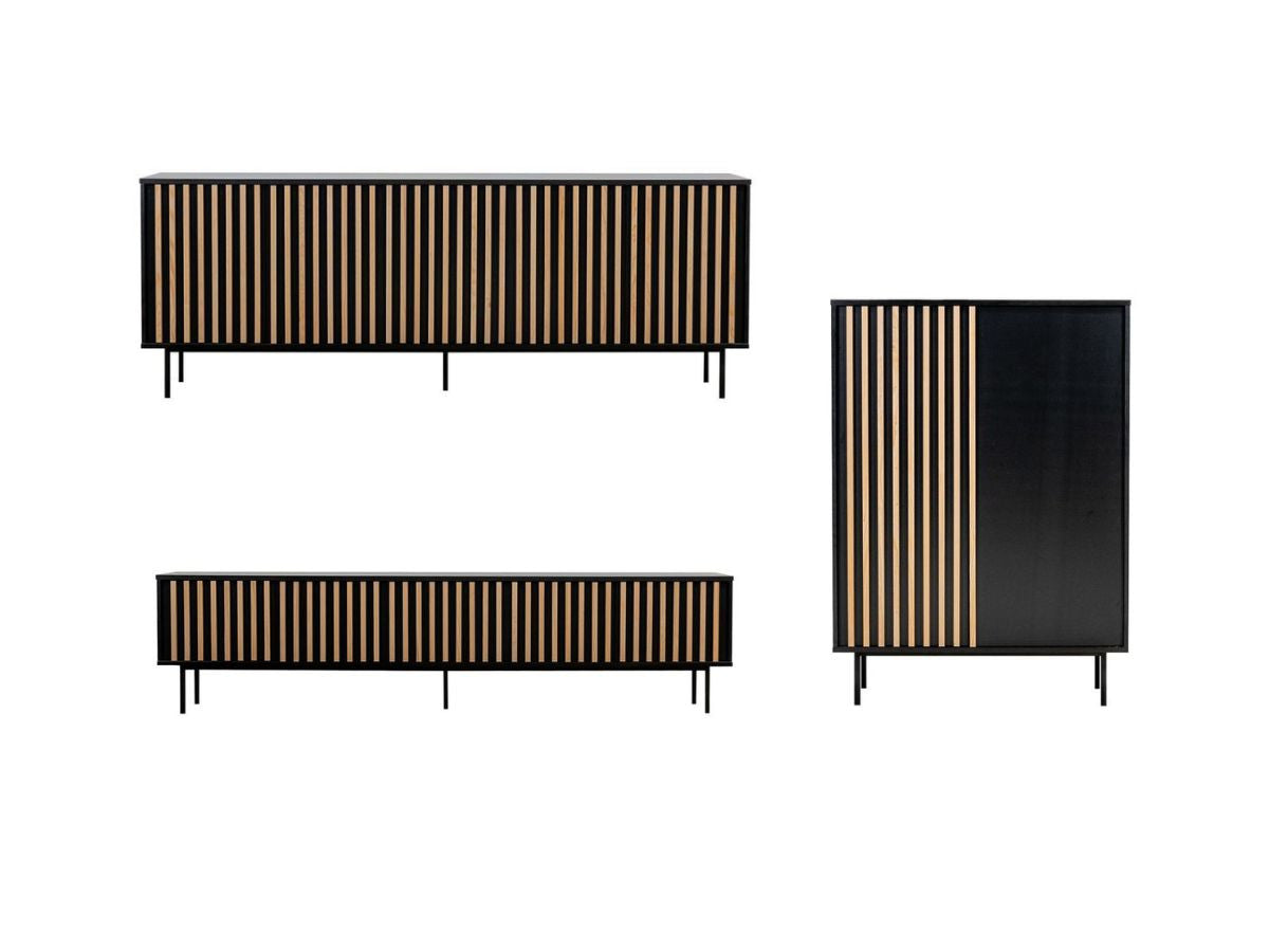 CORNEILLE set met 220 cm dressoir + 220 cm tv-meubel + 100 cm hoog dressoir met massief grenen latten