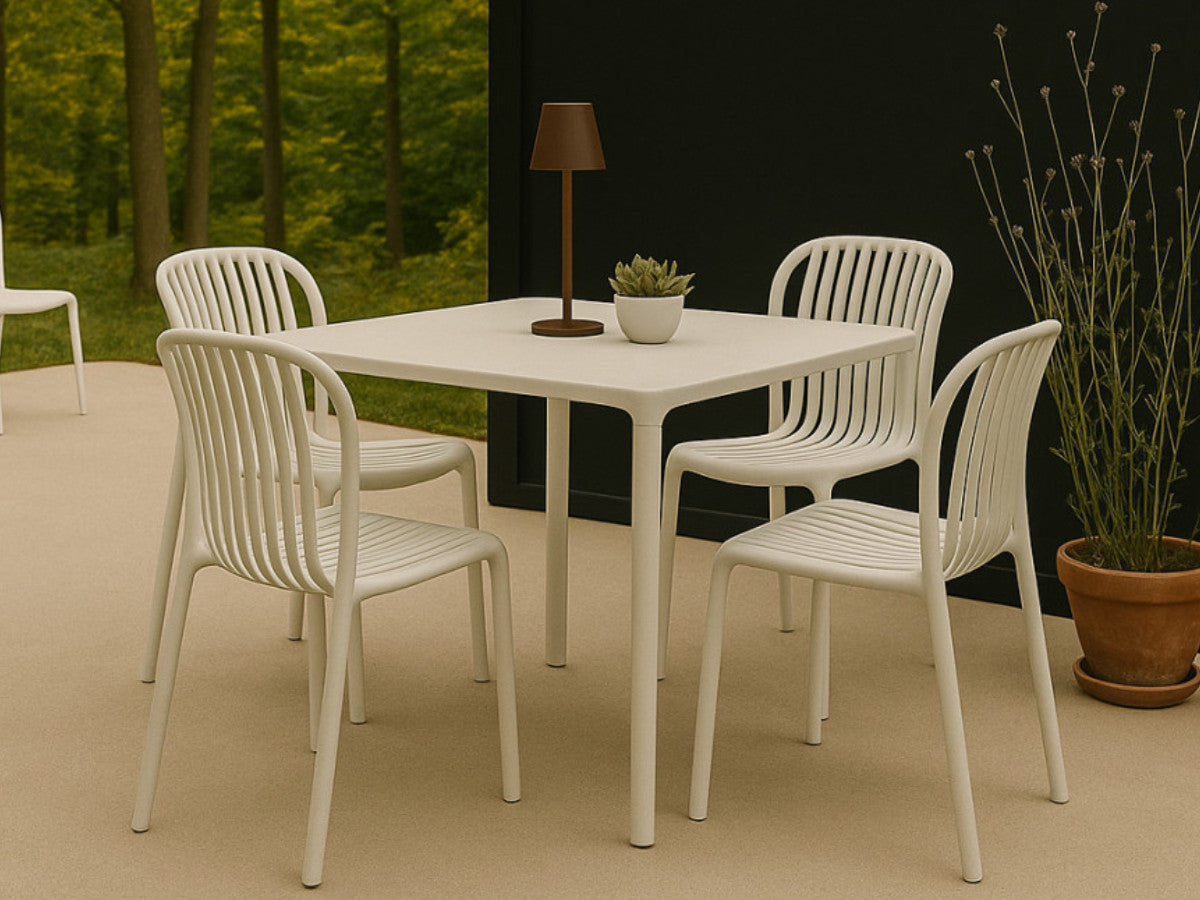 Ensemble de jardin RHODES avec table carrée 80 cm + 4 chaises sans accoudoirs