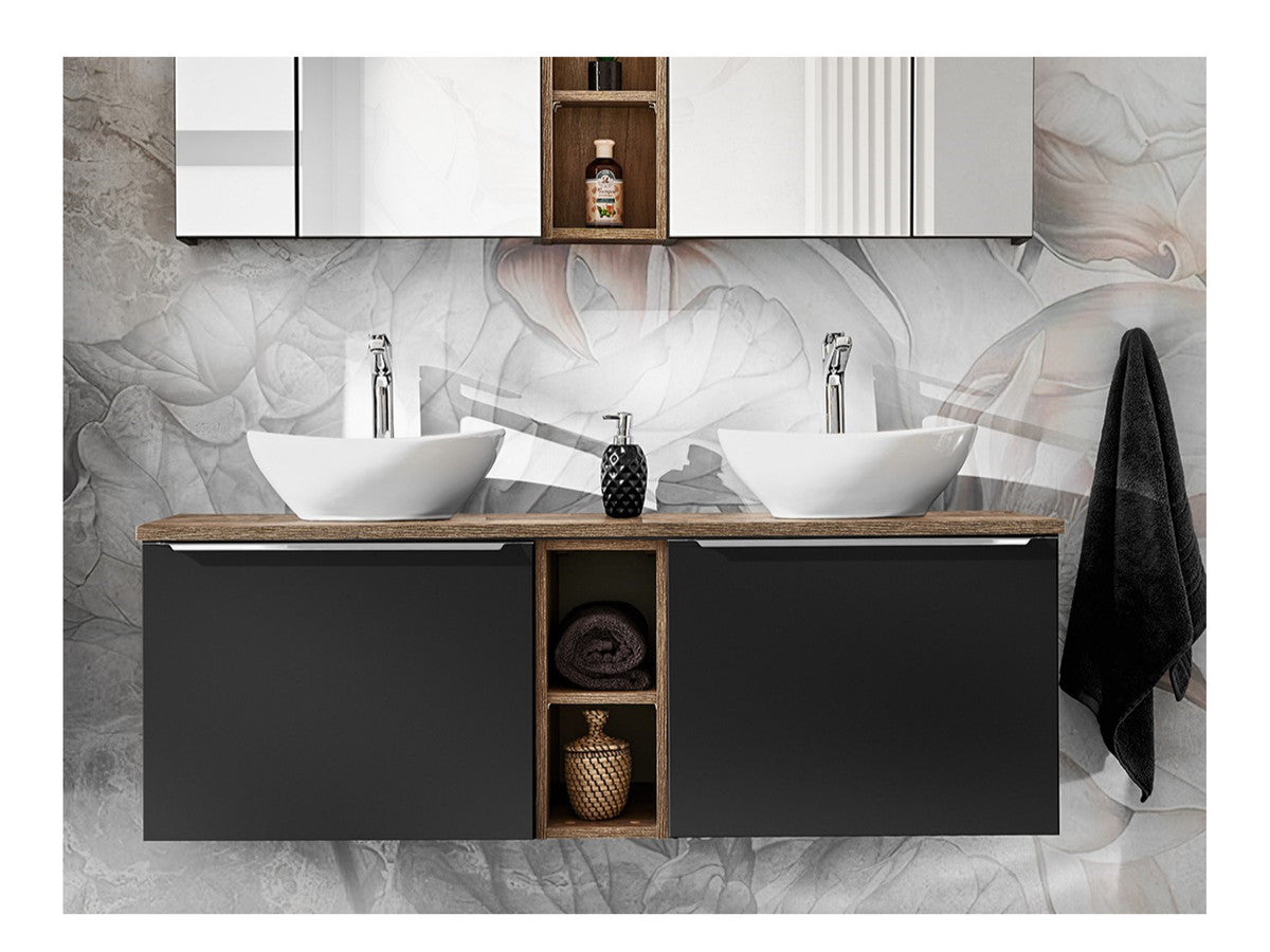 Ensemble de salle de bain 140 cm LAYA noir et chêne et colonne