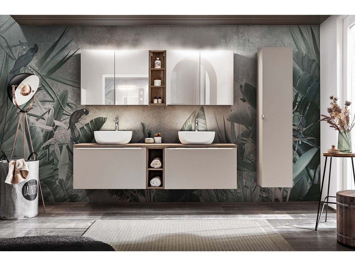 Ensemble de salle de bain 180 cm FANNY avec colonne et armoires murales 80cm avec miroirs Taupe