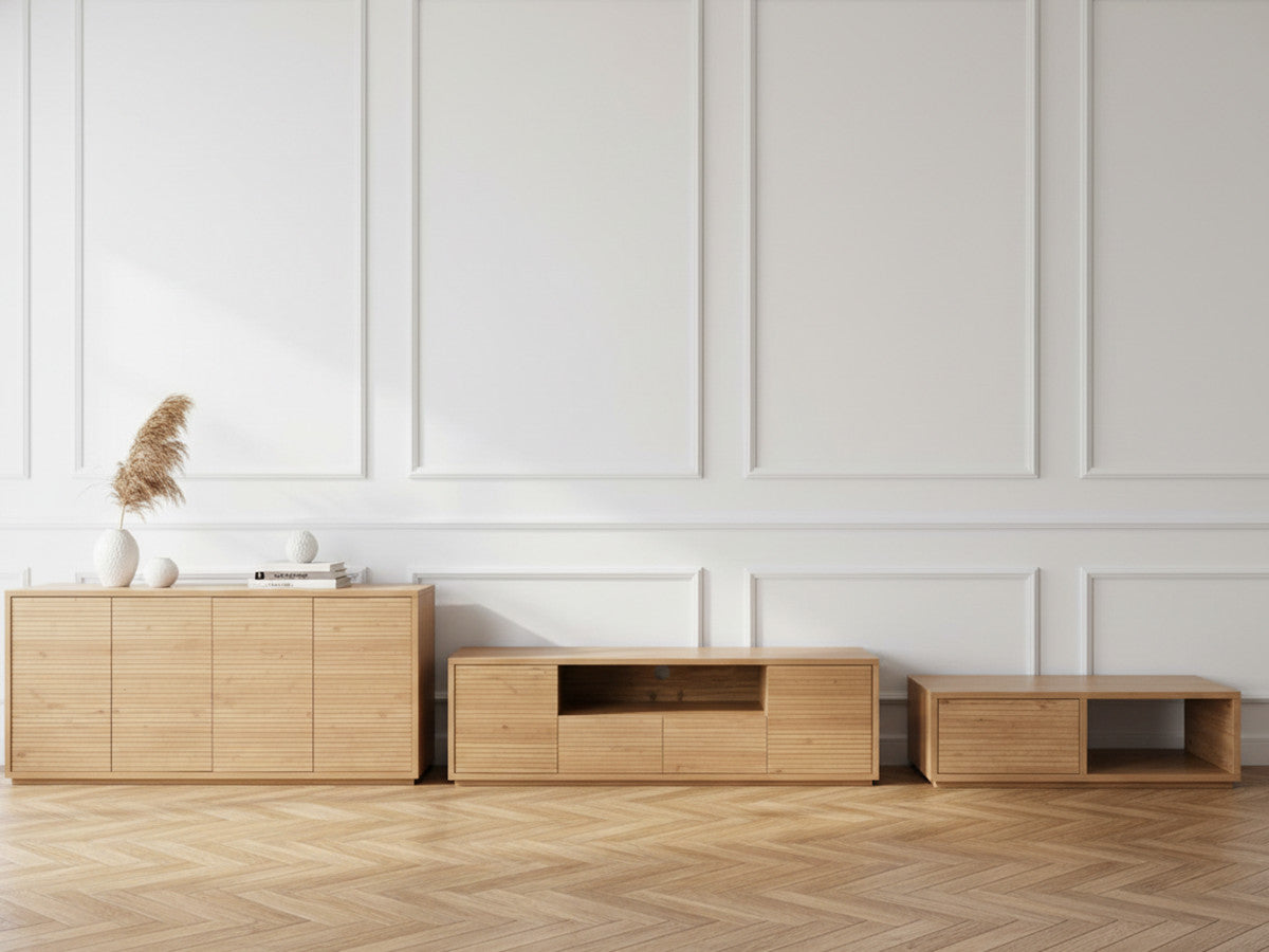 FERRET set met 180 cm dressoir + 180 cm tv-meubel + 100 cm salontafel met houten lamelleneffect