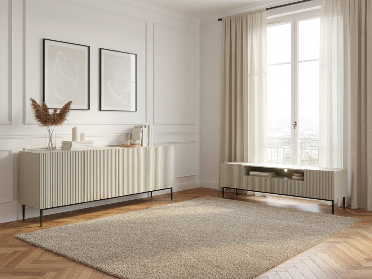 KASHA set met 200 cm tv-meubel met nis + 200 cm 4-deurs dressoir met zwarte poten