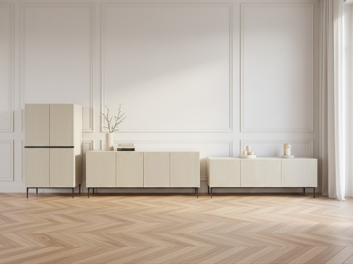 KASHA set met 200 cm tv-meubel + 200 cm 4-deurs dressoir + 100 cm 2-deurs hoog dressoir met zwarte poten