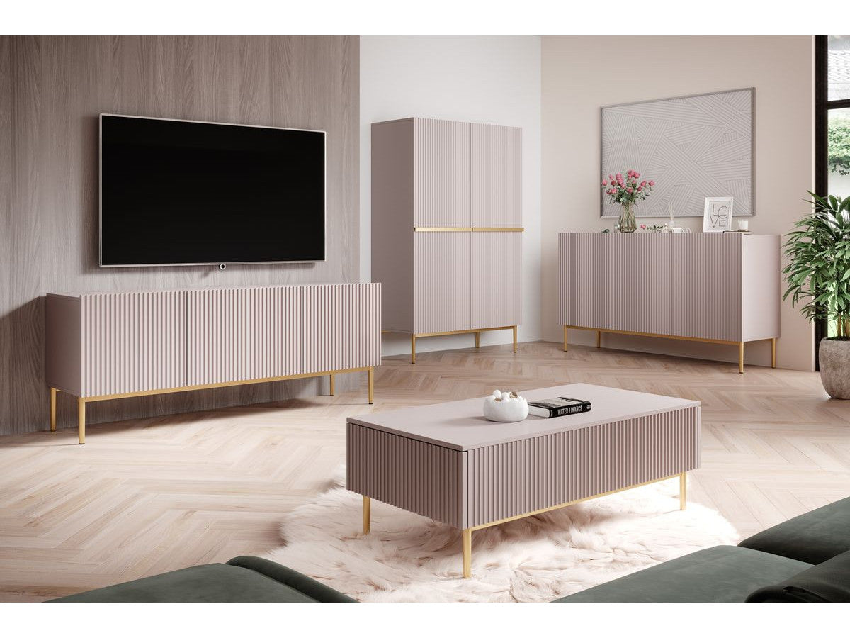 Ensemble KASHA avec Meuble TV 200 cm + Buffet 4 portes 200 cm + Buffet haut 2 portes 100 cm pieds or