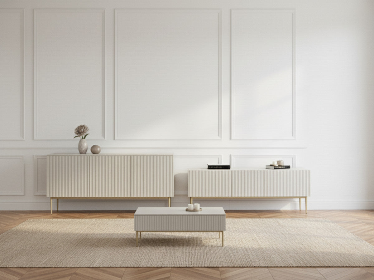 KASHA set met 200 cm tv-meubel + 200 cm 4-deurs dressoir + salontafel met gouden poten