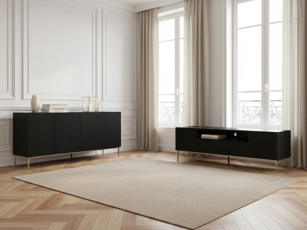 Ensemble KASSIA avec buffet 200 cm + meuble TV avec niche 200 cm pieds métal or
