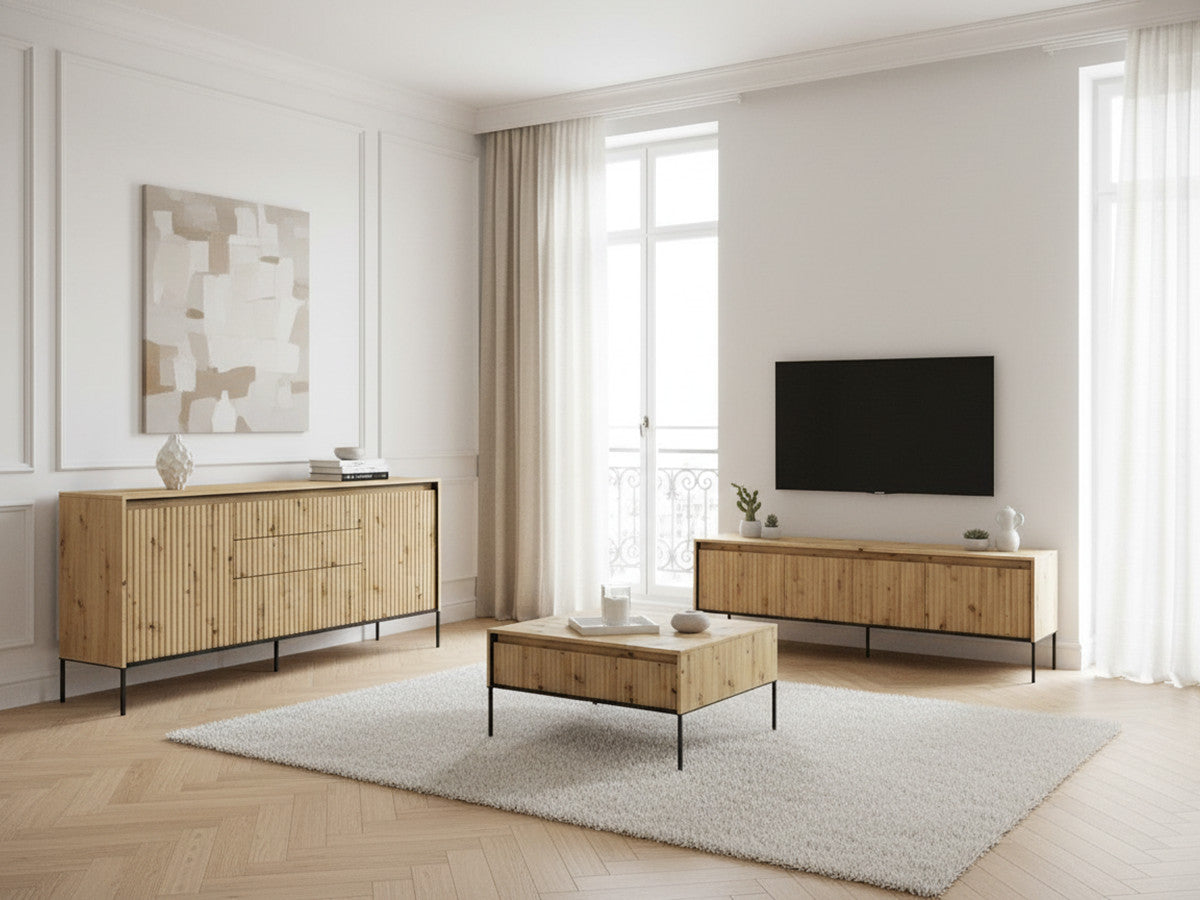 LENARA set met 166 cm dressoir + 167 cm tv-meubel + salontafel met lamellen en ledverlichting
