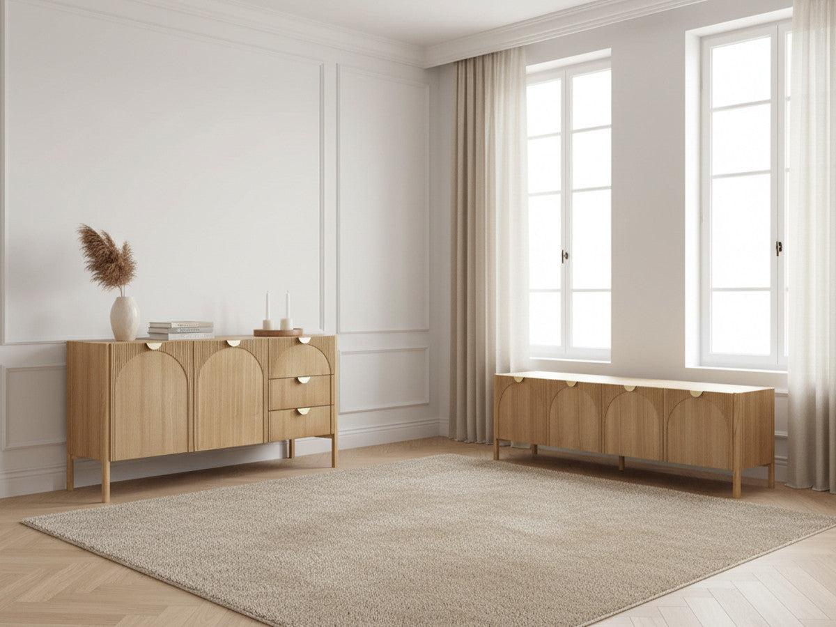 LOLA set met 135 cm dressoir + 178 cm tv-meubel met afgerond patroon en massief essenfineer