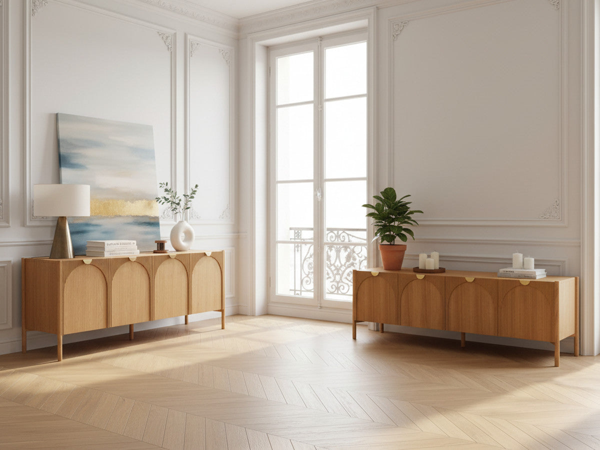 LOLA set met 178 cm dressoir + 178 cm tv-meubel met afgerond patroon en massief essenfineer