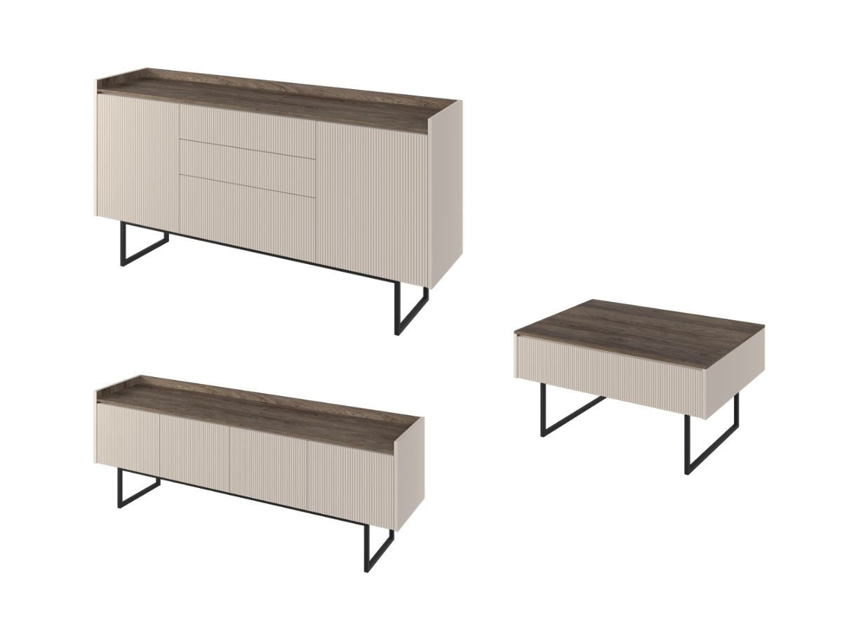 Ensemble LOUNA avec buffet 166 cm + meuble TV 166 cm + table basse beige et effet bois avec tasseaux et LED