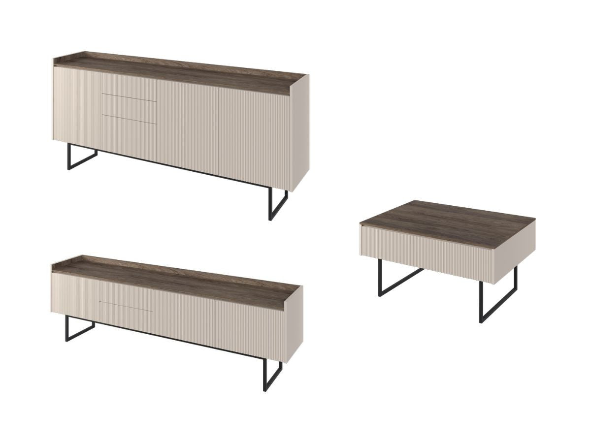 Ensemble LOUNA avec buffet 192 cm + meuble TV 192 cm + table basse beige et effet bois avec tasseaux et LED