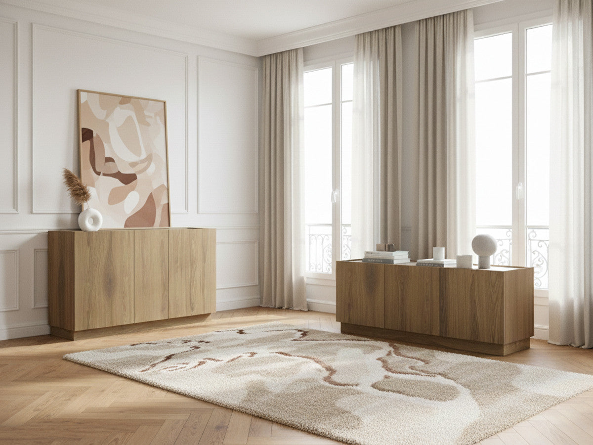 Ensemble MARION avec buffet 140 cm + meuble TV 120 cm effet chêne et travertin