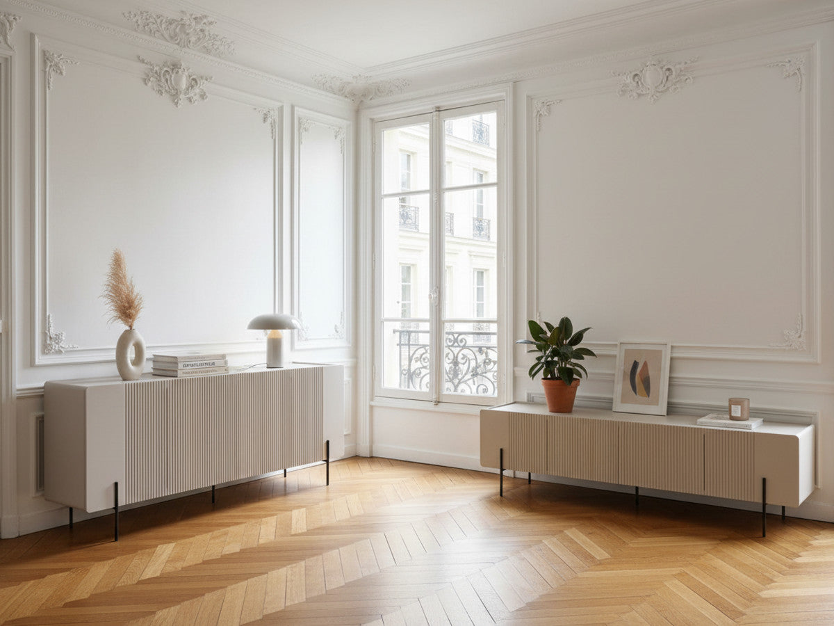 MATHILDE set met 200 cm dressoir + 200 cm tv-meubel met marmerlook blad en zwarte poten