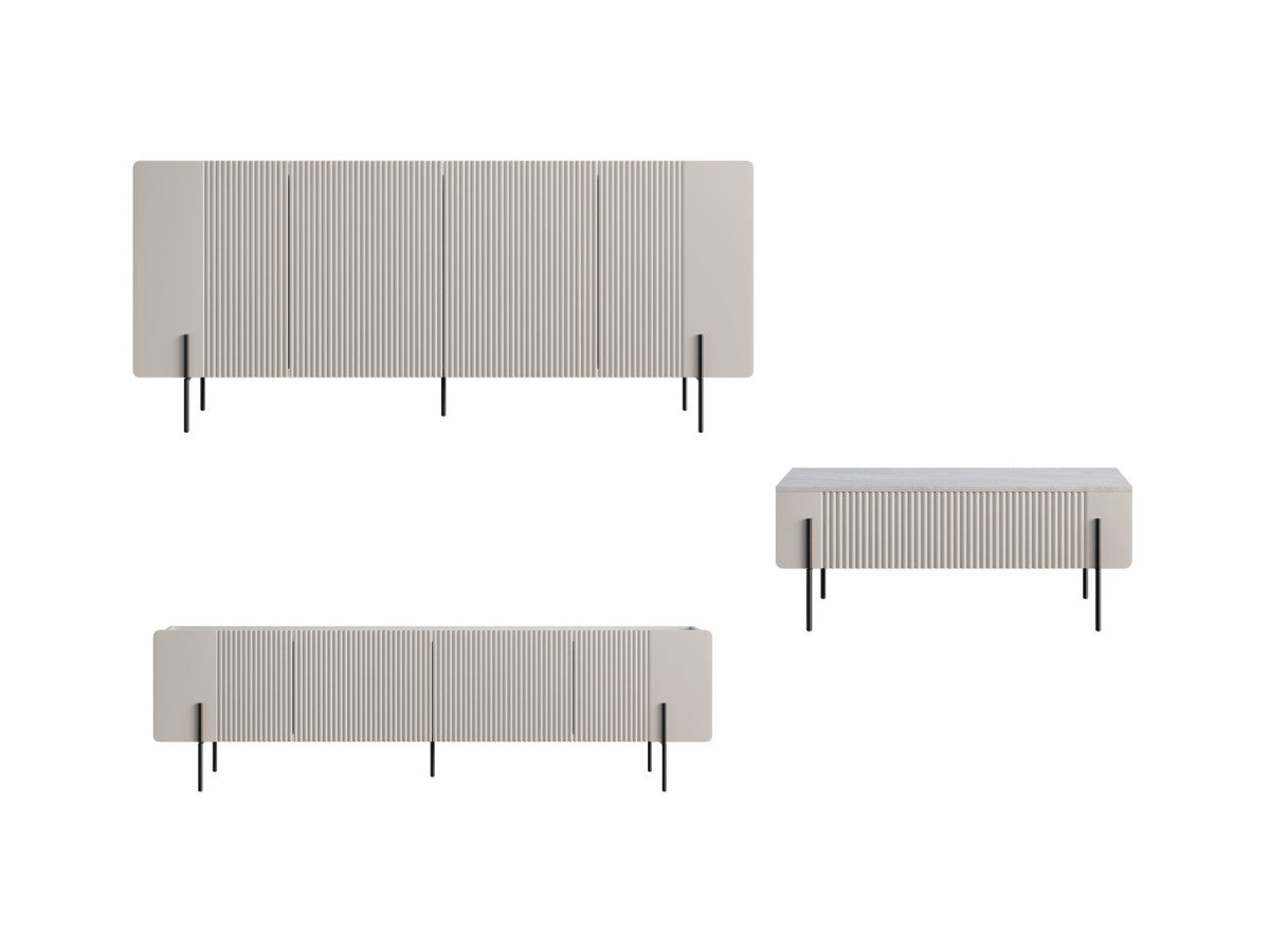 Ensemble MATHILDE avec buffet 200 cm + meuble TV 200 cm + table basse 100 cm plateau effet marbre et pieds noirs