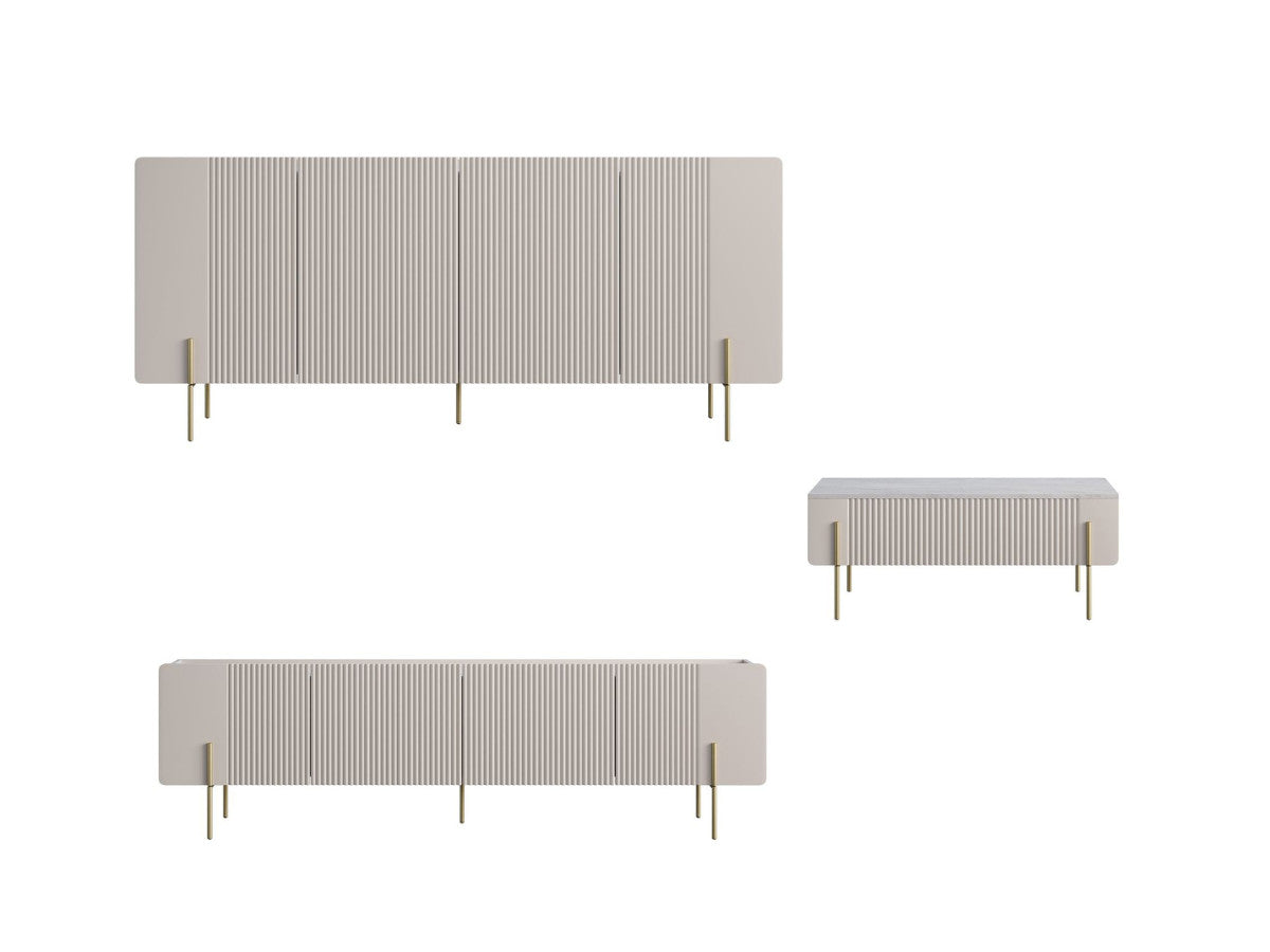 Ensemble MATHILDE avec buffet 200 cm + meuble TV 200 cm + table basse 100 cm plateau effet marbre et pieds or