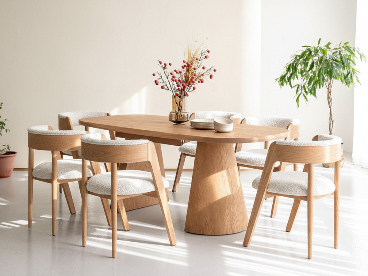 MAZARGUES set met uitschuifbare eettafel 200 tot 300 cm + 6 BASTIDE stoelen in massief eiken fineer