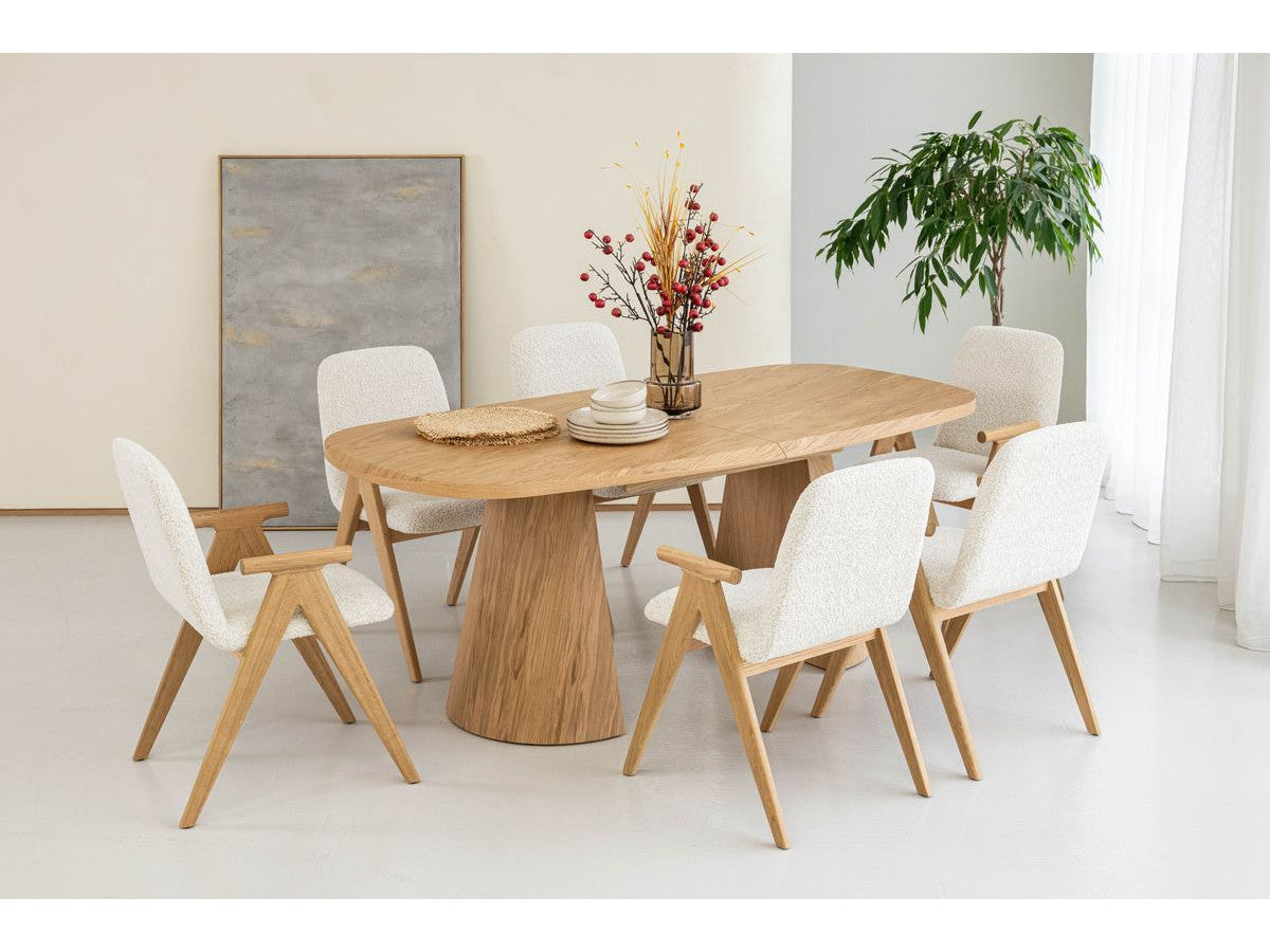 MAZARGUES set met uitschuifbare eettafel 200 tot 300 cm + 6 PAGNOL stoelen in massief eiken fineer