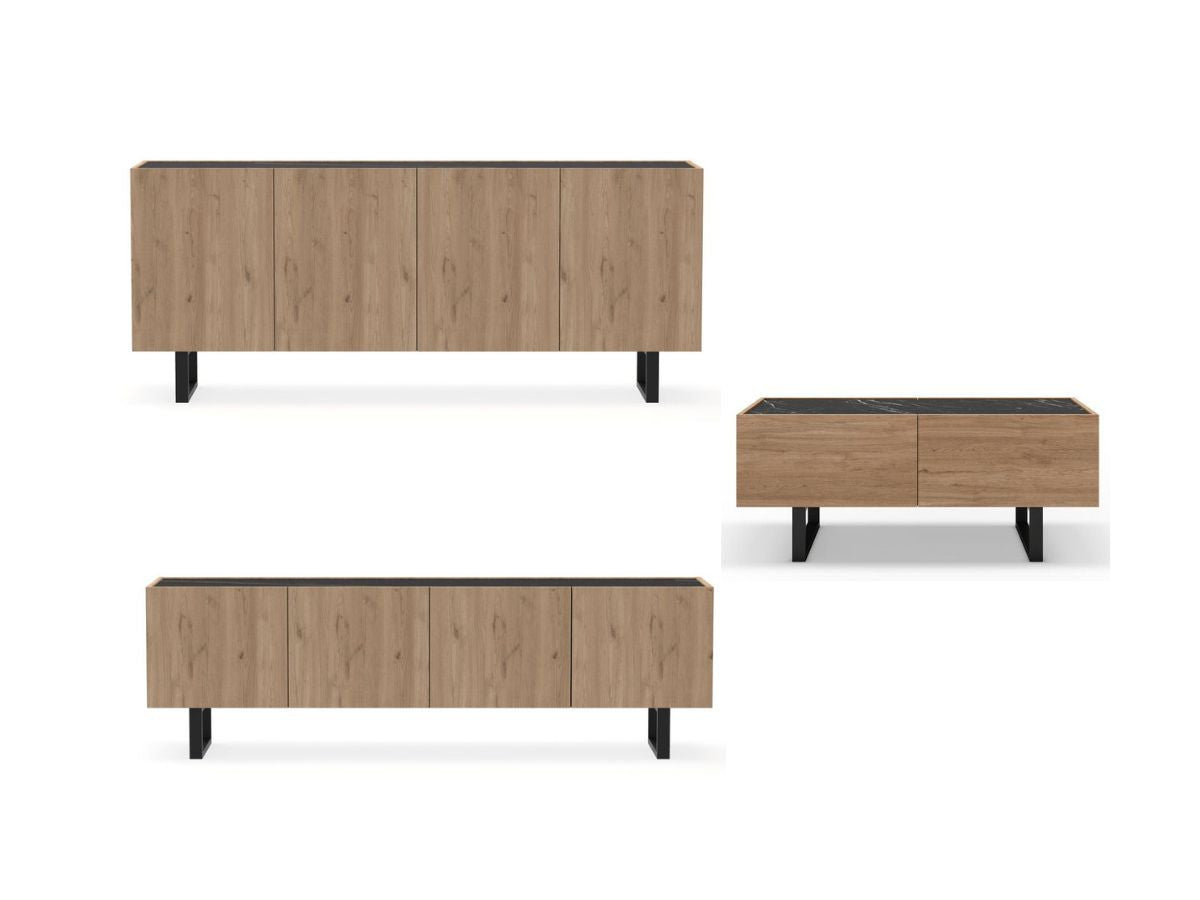 Ensemble OPERA avec buffet 180 cm + meuble TV 180 cm + table basse 110 cm effet chêne et imitation marbre noir