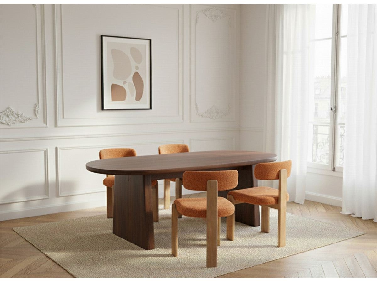 PABLO set met ovale eettafel 220 cm in notenhoutfineer + TANYA stoelen in structuurstof