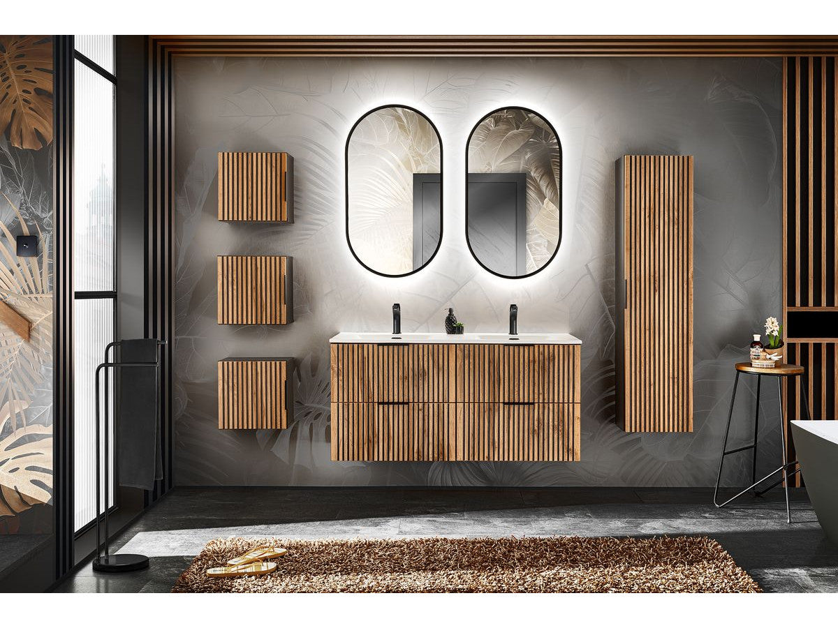 Ensemble salle de bain 120 cm AXEL avec colonne bois clair avec vasques incrustées