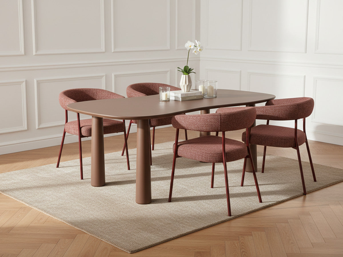 Ensemble SASHA avec table à manger ovale 220 cm + chaises ROSA tissu texturé marron
