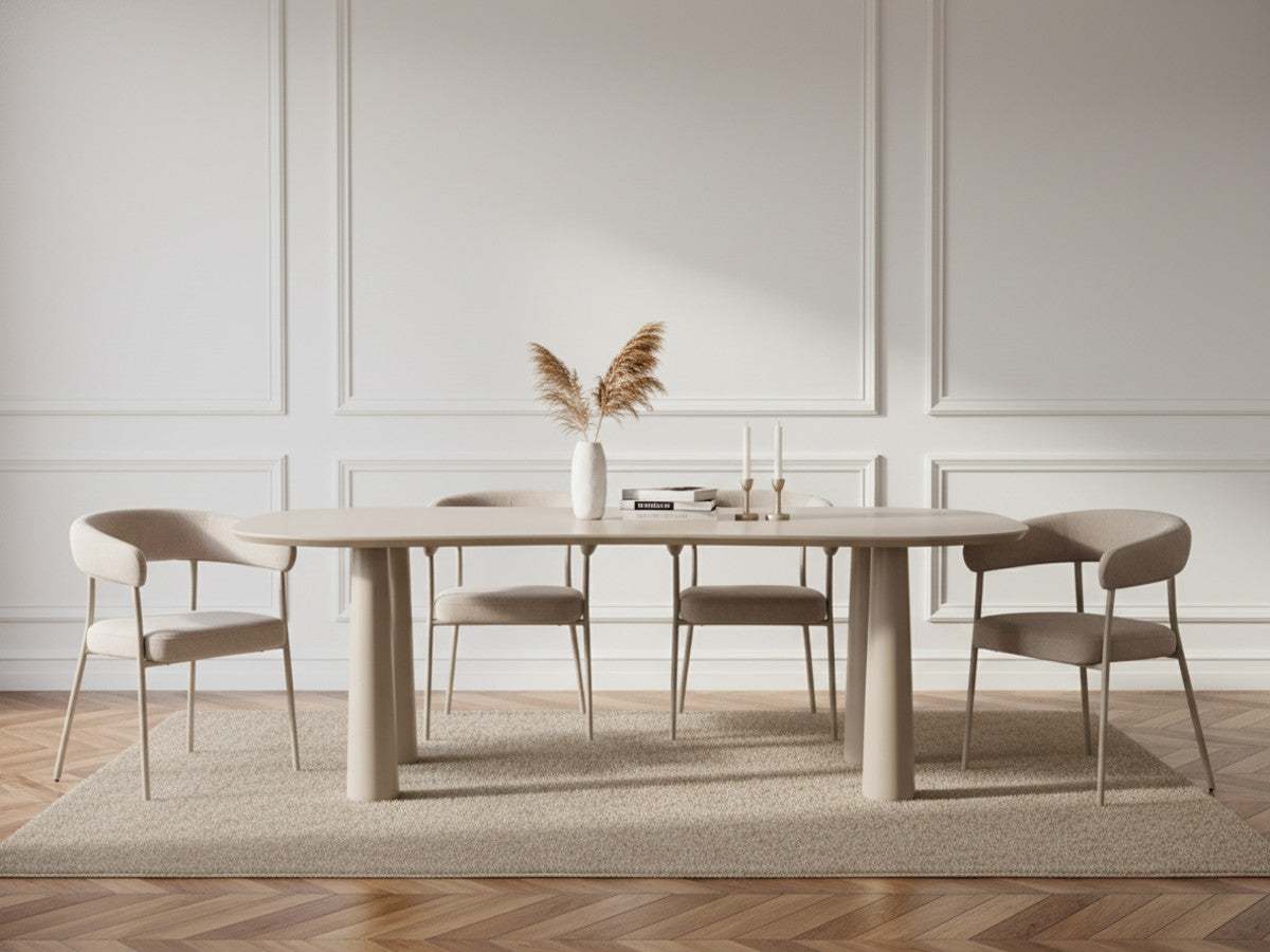Eetkamerset SASHA met ovale tafel van 220 cm + stoelen ROSA in beige fluwelen stof