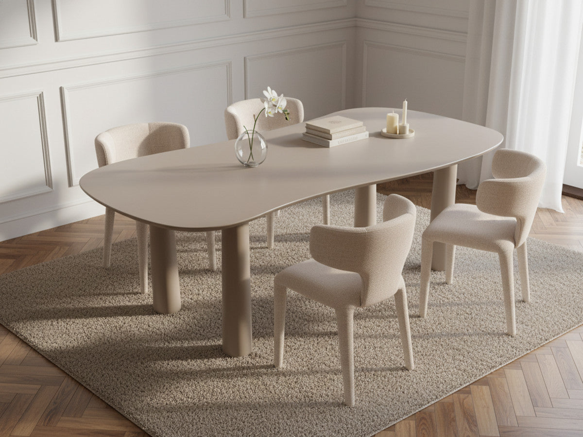 Eetkamerset SASHA met ovale beige eettafel 220 cm + stoelen MILA in structuurstof