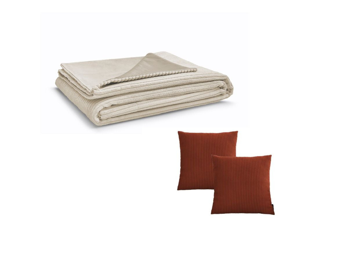 STOCKHOLM set met beige plaid + 2 omkeerbare terracotta kussens