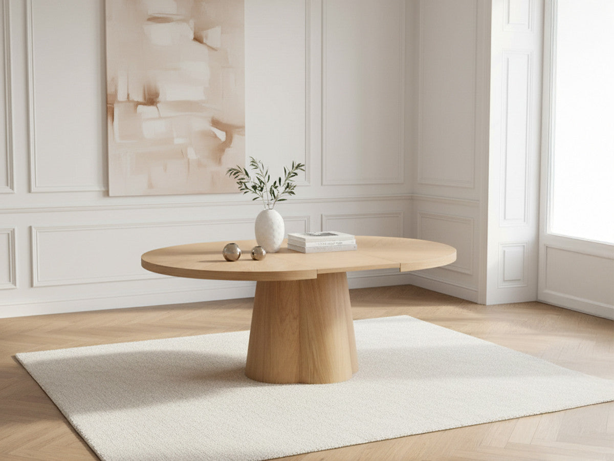 SUGITON set met ronde eettafel uitschuifbaar van 130 tot 180 cm + 4 BASTIDE stoelen in massief eiken fineer