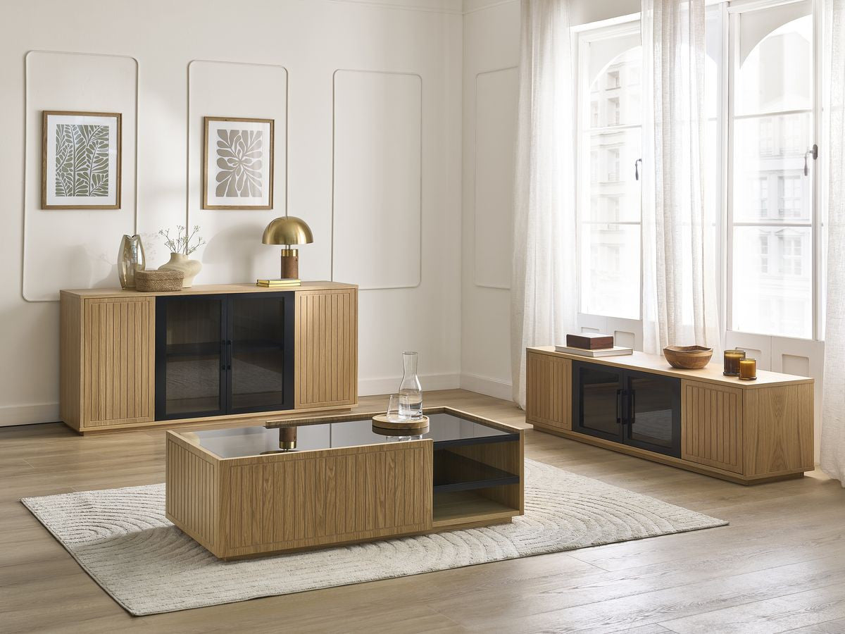 Ensemble THEMYS avec buffet 160 cm + meuble TV 160 cm + table basse 100 cm placage chêne massif