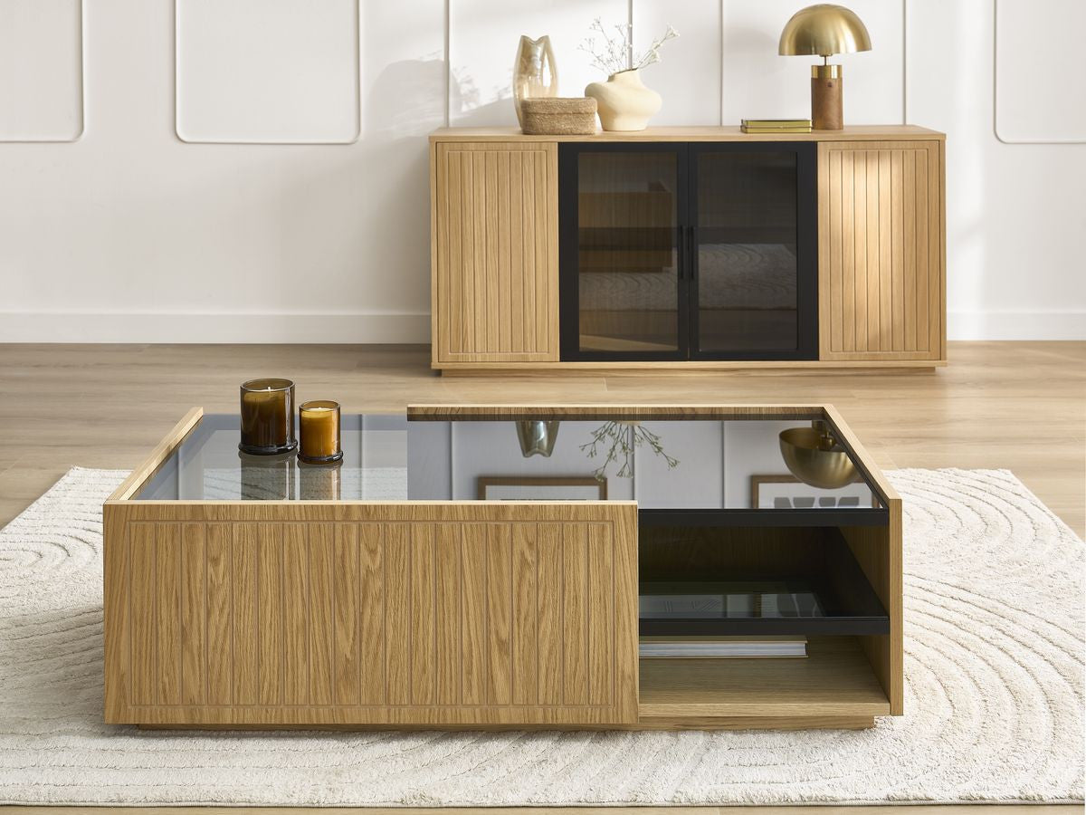 Ensemble THEMYS avec buffet 160 cm + table basse 100 cm placage chêne massif