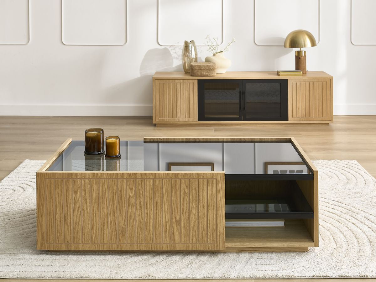 Ensemble THEMYS avec meuble TV 160 cm + table basse 100 cm placage chêne massif