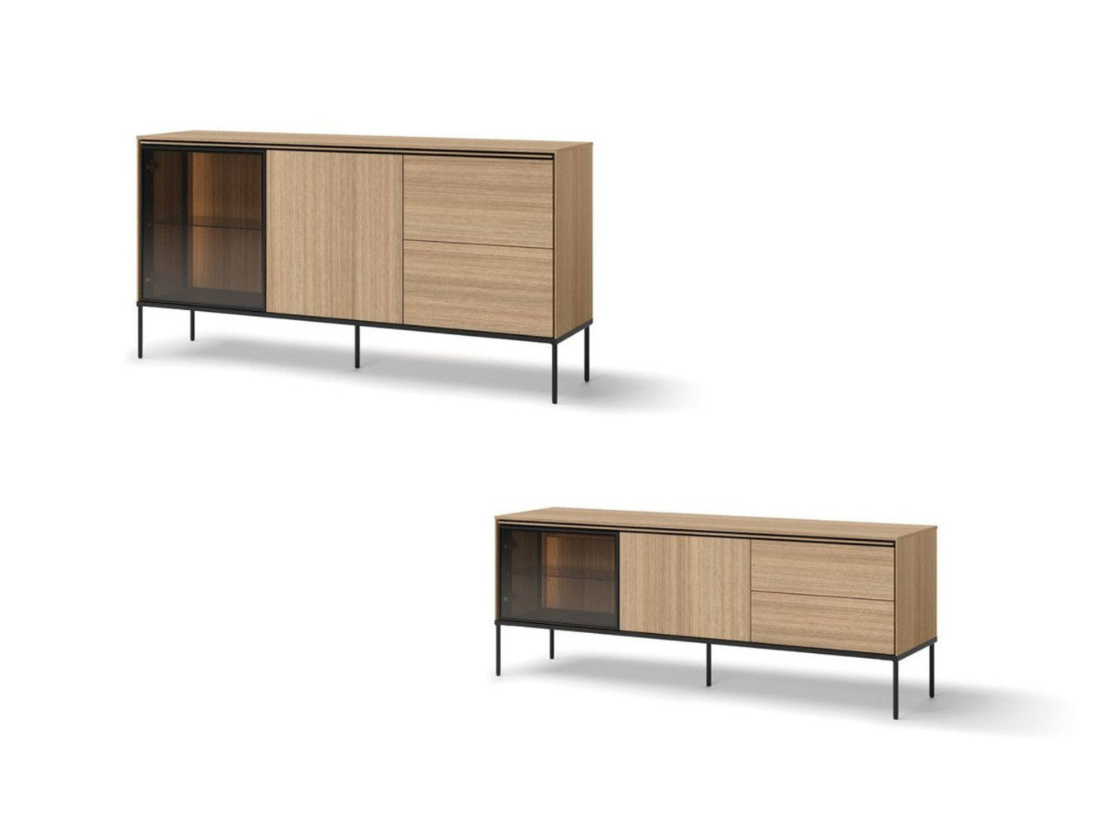Ensemble VERONA avec buffet 167 cm + meuble TV 167 cm effet chêne et verre fumé avec LEDS