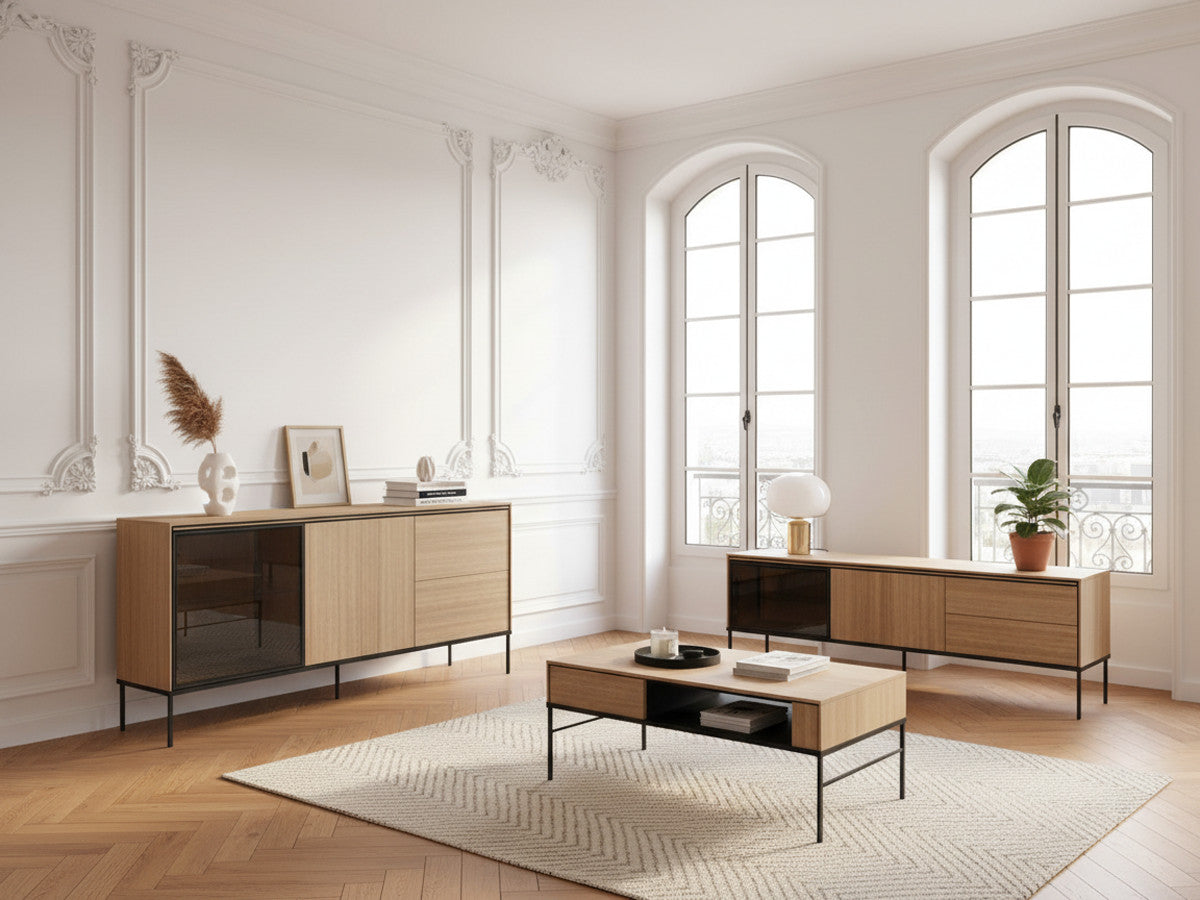 Ensemble VERONA avec buffet 167 cm + meuble TV 167 cm + table basse effet chêne et verre fumé avec LEDS