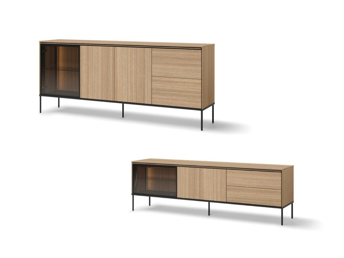 Ensemble VERONA avec buffet 200 cm + meuble TV 197 cm effet chêne et verre fumé avec LEDS