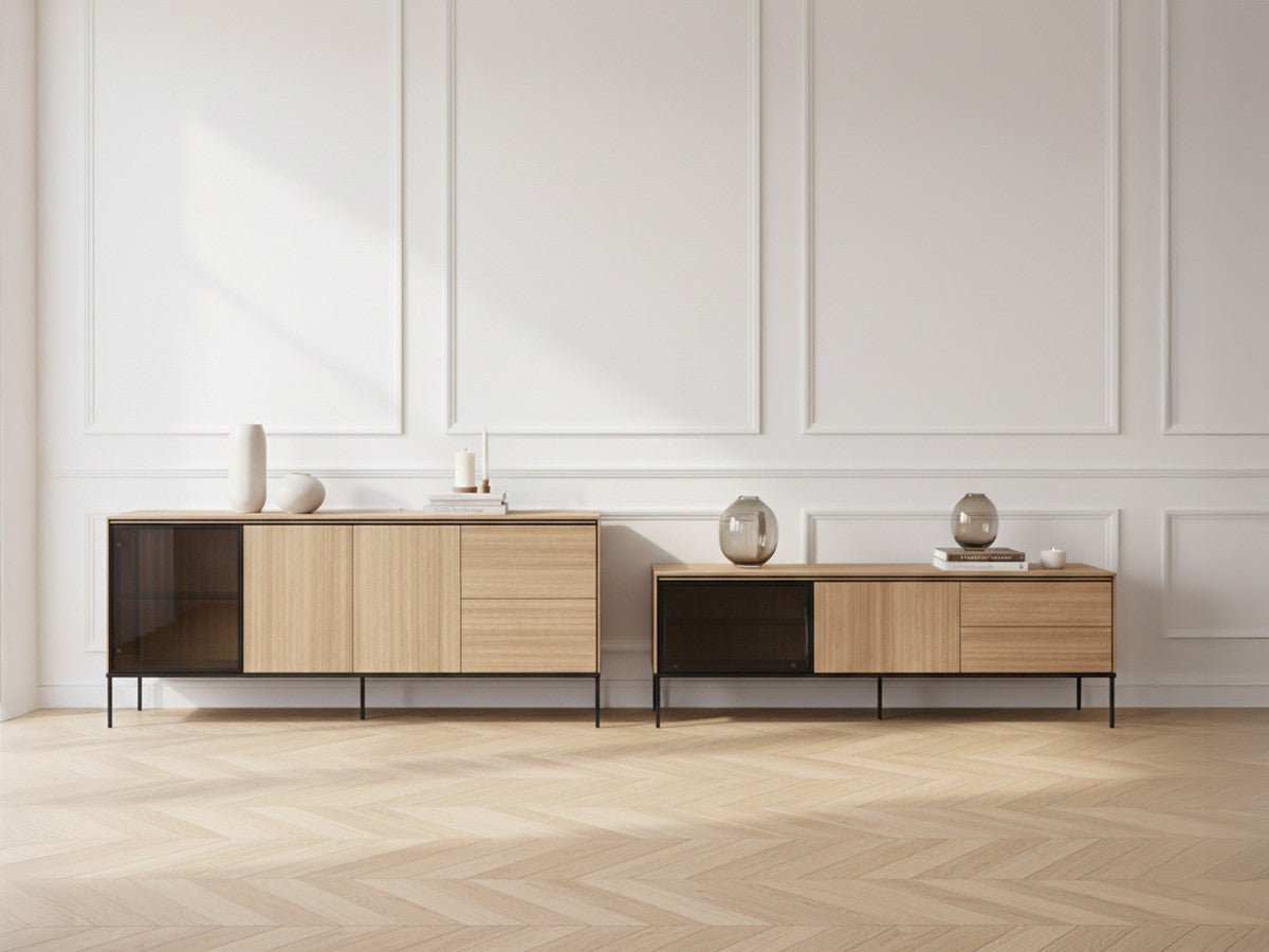 Ensemble VERONA avec buffet 200 cm + meuble TV 197 cm effet chêne et verre fumé avec LEDS