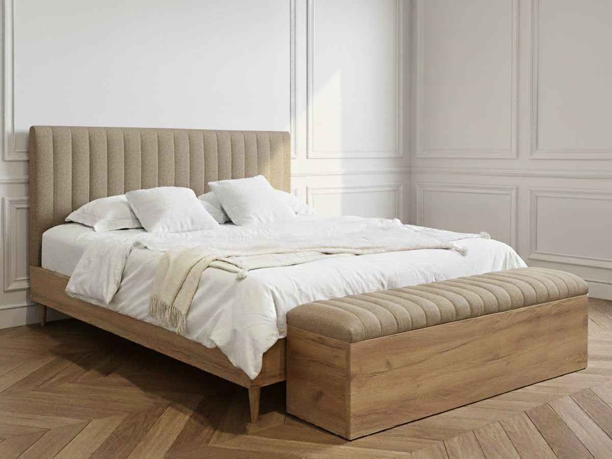 OCEANE bed met massieve lattenbodem in structuurstof + OCEANE bedeinde