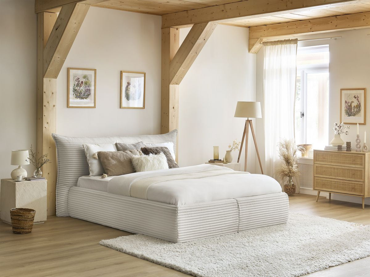 Lit coffre JADE avec tête de lit effet oreiller gros côtelé doux