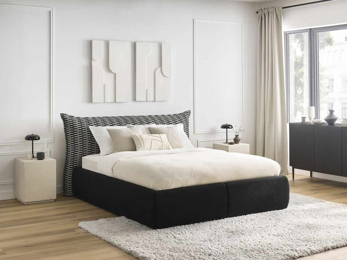 Lit coffre JADE avec tête de lit effet oreiller tissu chenille