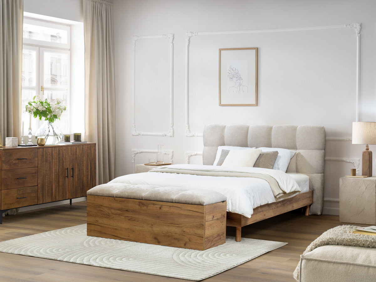 KUMO bed met massieve lattenbodem en poten van natuurlijk hout + KUMO bedeinde