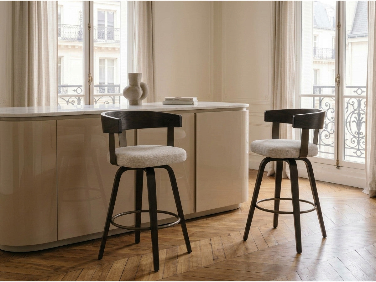 Set van 2 draaibare barstoelen BIARA met structuurstof en poten van populieren triplex