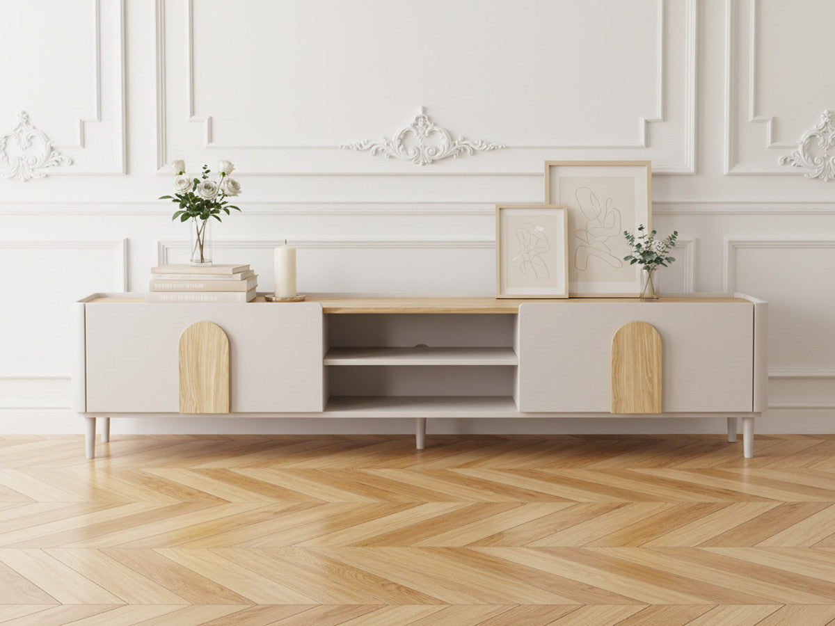 Meuble TV 1 porte 1 tiroir 220 cm ENYRA pieds en bois massif