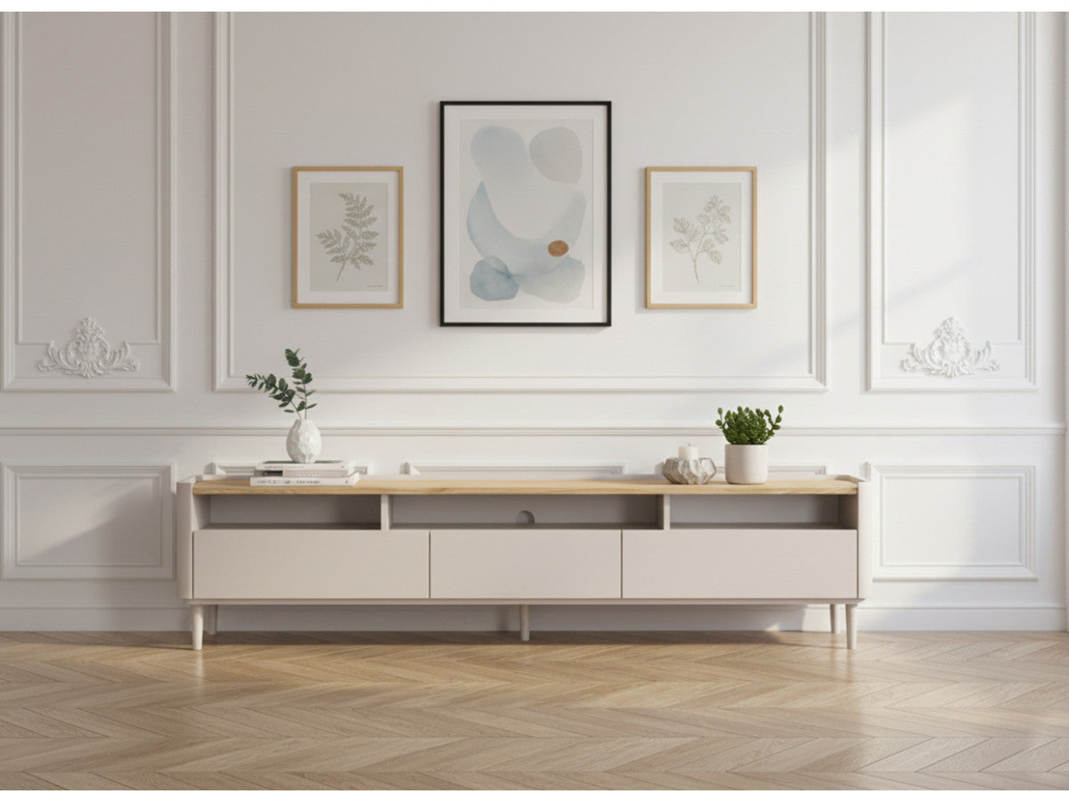 Meuble TV 1 porte 2 tiroirs 200 cm ANYRA pieds en bois massif