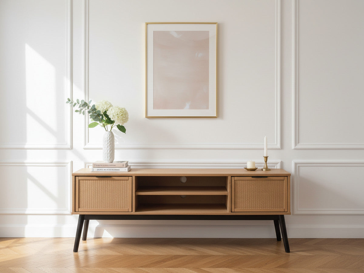 ALBI 140 cm tv-meubel in massief hout en rotan