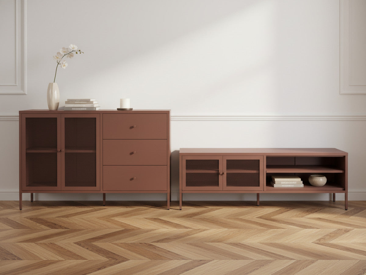 CLARA 2-deurs, 2-planken tv-meubel 160 cm metaal + CLARA 2-deurs, 3-laden dressoir 140 cm metaal Limited Edition