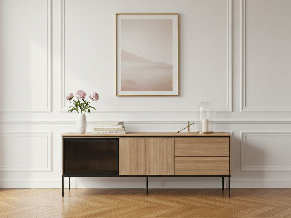 TV-meubel 2 deuren 2 laden 167 cm VERONA eiken effect en gerookt glas met LED's